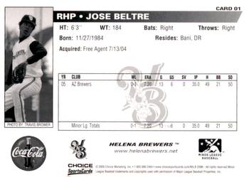 2006 Choice Helena Brewers #01 Jose Beltre Back