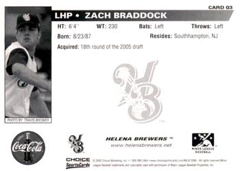 2006 Choice Helena Brewers #03 Zach Braddock Back