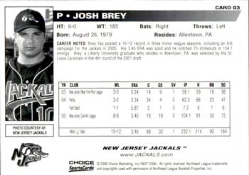 2006 Choice New Jersey Jackals #3 Josh Brey Back