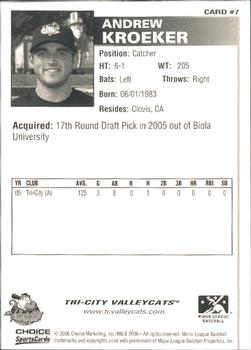 2006 Choice Tri-City ValleyCats #07 Andrew Kroeker Back