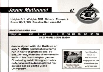2006 Grandstand Chico Outlaws #6 Jason Matteucci Back