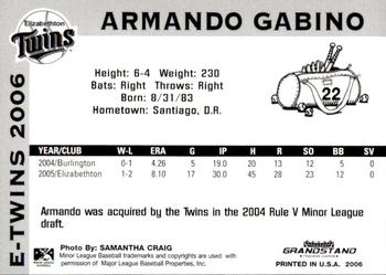 2006 Grandstand Elizabethton Twins #10 Armando Gabino Back