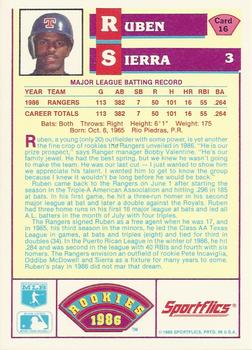 1986 Sportflics Rookies #16 Ruben Sierra Back