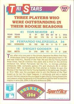 1986 Sportflics Rookies #47 Outstanding Rookie Seasons (Dwight Gooden / Tom Seaver / Fernando Valenzuela) Back