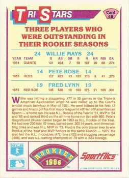 1986 Sportflics Rookies #46 Outstanding Rookie Seasons (Fred Lynn, Willie Mays, Pete Rose) Back