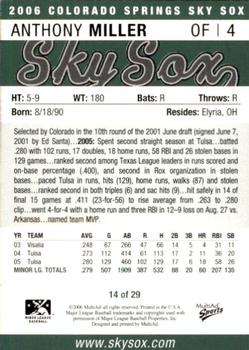 2006 MultiAd Colorado Springs Sky Sox #14 Anthony Miller Back