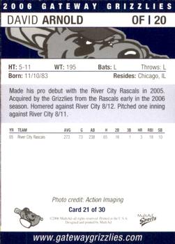 2006 MultiAd Gateway Grizzlies #21 David Arnold Back