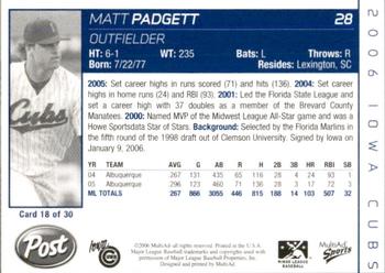 2006 MultiAd Iowa Cubs #18 Matt Padgett Back