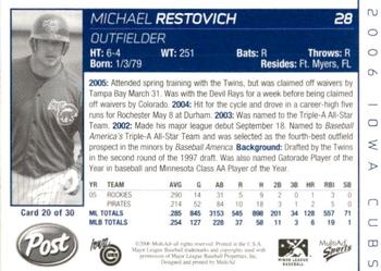 2006 MultiAd Iowa Cubs #20 Michael Restovich Back