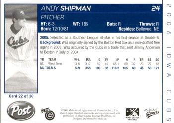 2006 MultiAd Iowa Cubs #22 Andy Shipman Back