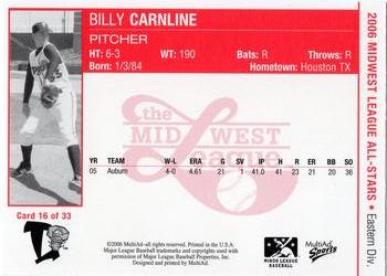 2006 MultiAd Midwest League All-Stars Eastern Division #16 Billy Carnline Back