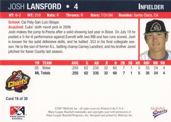 2007 MultiAd Peoria Chiefs #16 Josh Lansford Back