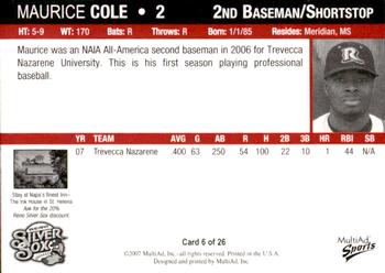 2007 MultiAd Reno Silver Sox #6 Maurice Cole Back
