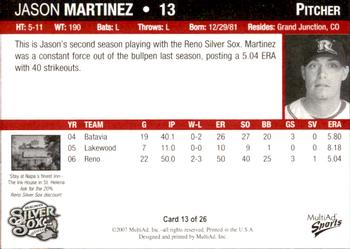 2007 MultiAd Reno Silver Sox #15 Jason Martinez Back