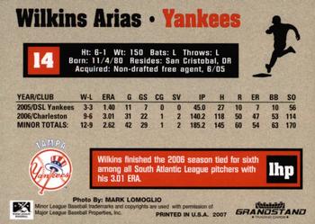 2007 Grandstand Tampa Yankees #NNO Wilkins Arias Back