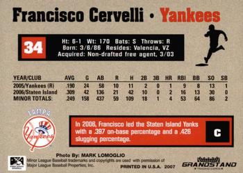 2007 Grandstand Tampa Yankees #NNO Francisco Cervelli Back