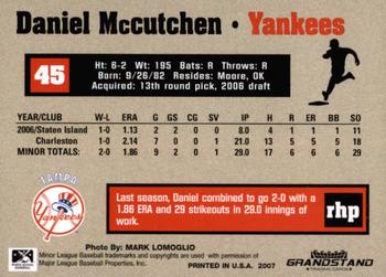 2007 Grandstand Tampa Yankees #NNO Daniel McCutchen Back