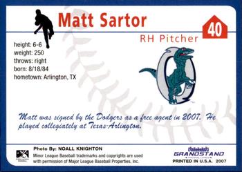 2007 Grandstand Ogden Raptors #NNO Matt Sartor Back