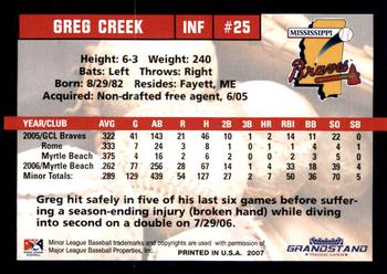 2007 Grandstand Mississippi Braves #NNO Greg Creek Back