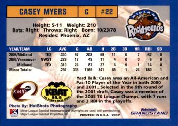 2007 Grandstand Midland RockHounds #18 Casey Myers Back
