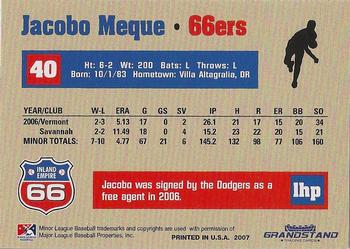 2007 Grandstand Inland Empire 66ers #NNO Jacobo Meque Back