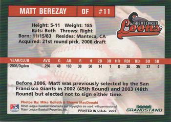 2007 Grandstand Great Lakes Loons #NNO Matt Berezay Back