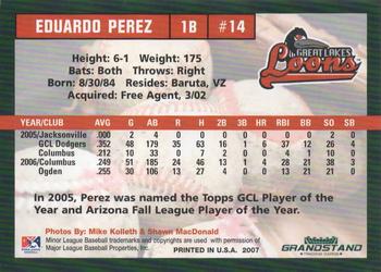 2007 Grandstand Great Lakes Loons #NNO Eduardo Perez Back