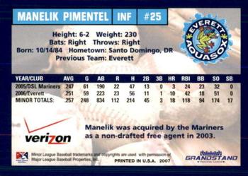 2007 Grandstand Everett AquaSox #24 Manelik Pimentel Back