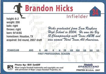 2007 Grandstand Danville Braves #17 Brandon Hicks Back