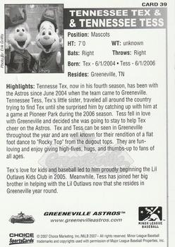 2007 Choice Greeneville Astros #39 Tennessee Tex / Tennessee Tess Back