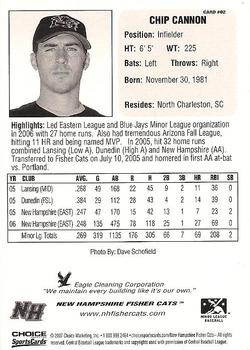 2007 Choice New Hampshire Fisher Cats #02 Chip Cannon Back
