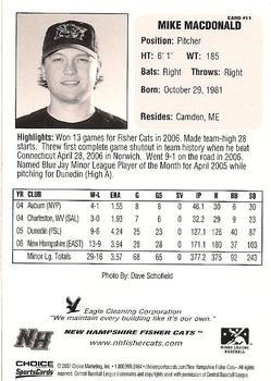2007 Choice New Hampshire Fisher Cats #11 Mike MacDonald Back
