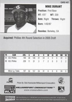 2007 Choice Williamsport Crosscutters #07 Mike Durant Back