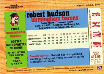 2008 Grandstand Birmingham Barons #NNO Robert Hudson Back