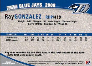 2008 Grandstand Dunedin Blue Jays #NNO Ray Gonzalez Back