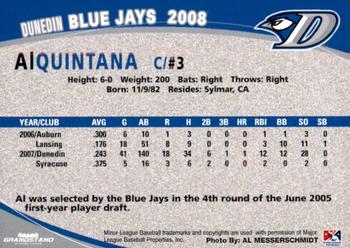 2008 Grandstand Dunedin Blue Jays #NNO Al Quintana Back