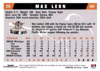 2008 Grandstand Erie SeaWolves #NNO Max Leon Back