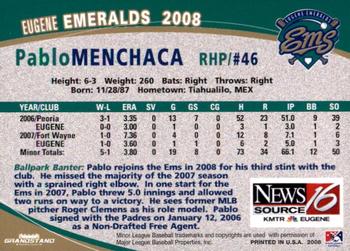 2008 Grandstand Eugene Emeralds #NNO Pablo Menchaca Back