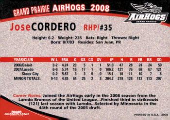 2008 Grandstand Grand Prairie AirHogs #NNO Jose Cordero Back
