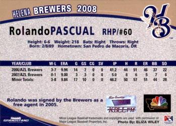 2008 Grandstand Helena Brewers #NNO Rolando Pascual Back