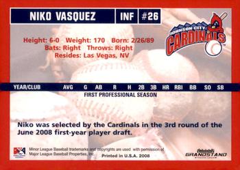 2008 Grandstand Johnson City Cardinals #NNO Niko Vasquez Back