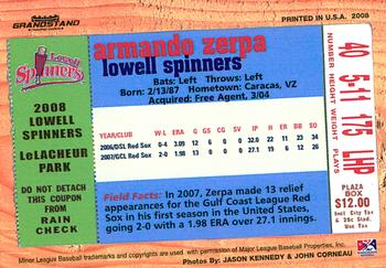 2008 Grandstand Lowell Spinners Update #NNO Armando Zerpa Back