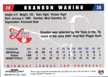 2008 Grandstand Midwest League Top Prospects #NNO Brandon Waring Back