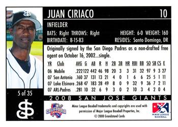 2008 Grandstand San Jose Giants #5 Juan Ciriaco Back