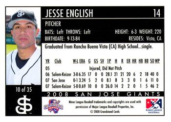 2008 Grandstand San Jose Giants #10 Jesse English Back