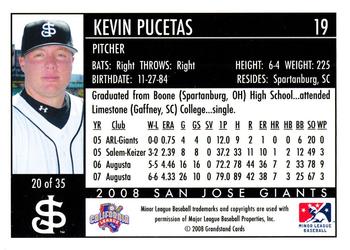 2008 Grandstand San Jose Giants #20 Kevin Pucetas Back