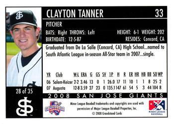 2008 Grandstand San Jose Giants #28 Clayton Tanner Back