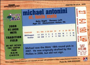 2008 Grandstand St. Lucie Mets #NNO Michael Antonini Back