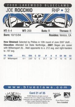 2008 MultiAd Lakewood BlueClaws #21 Joe Rocchio Back