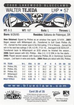 2008 MultiAd Lakewood BlueClaws #26 Walter Tejeda Back